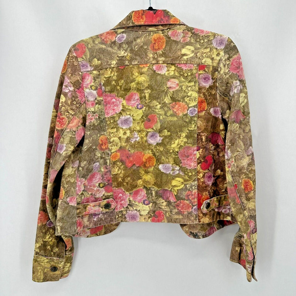 Farm Rio Floral Denim Jacket Military Button Size M Open Green Pink Boho Preppy - Picture 8 of 8